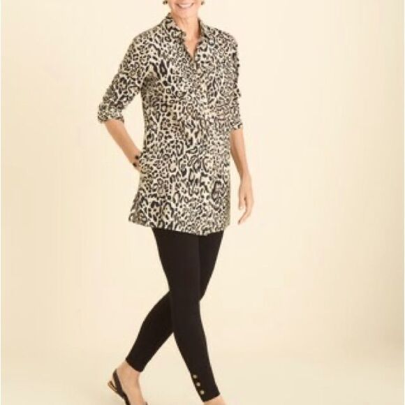 Chico’s Animal Print Tunic Size 1 (8/10) Long Sleeves Pockets No-Iron - Picture 1 of 8